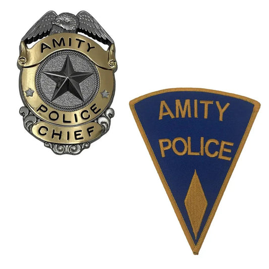 2-piece Jaws Amity Police Chief badge & patch set; metal badge with gold accents, blue patch; Factory Entertainment