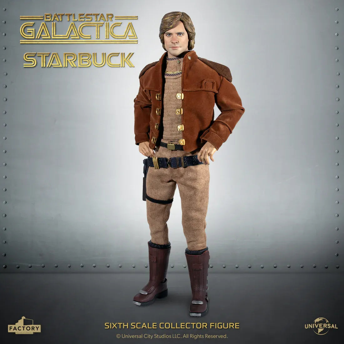 Battlestar Galactica Lieutenant Starbuck 1/6 scale action figure in brown jacket and tan pants by Factory Entertainment