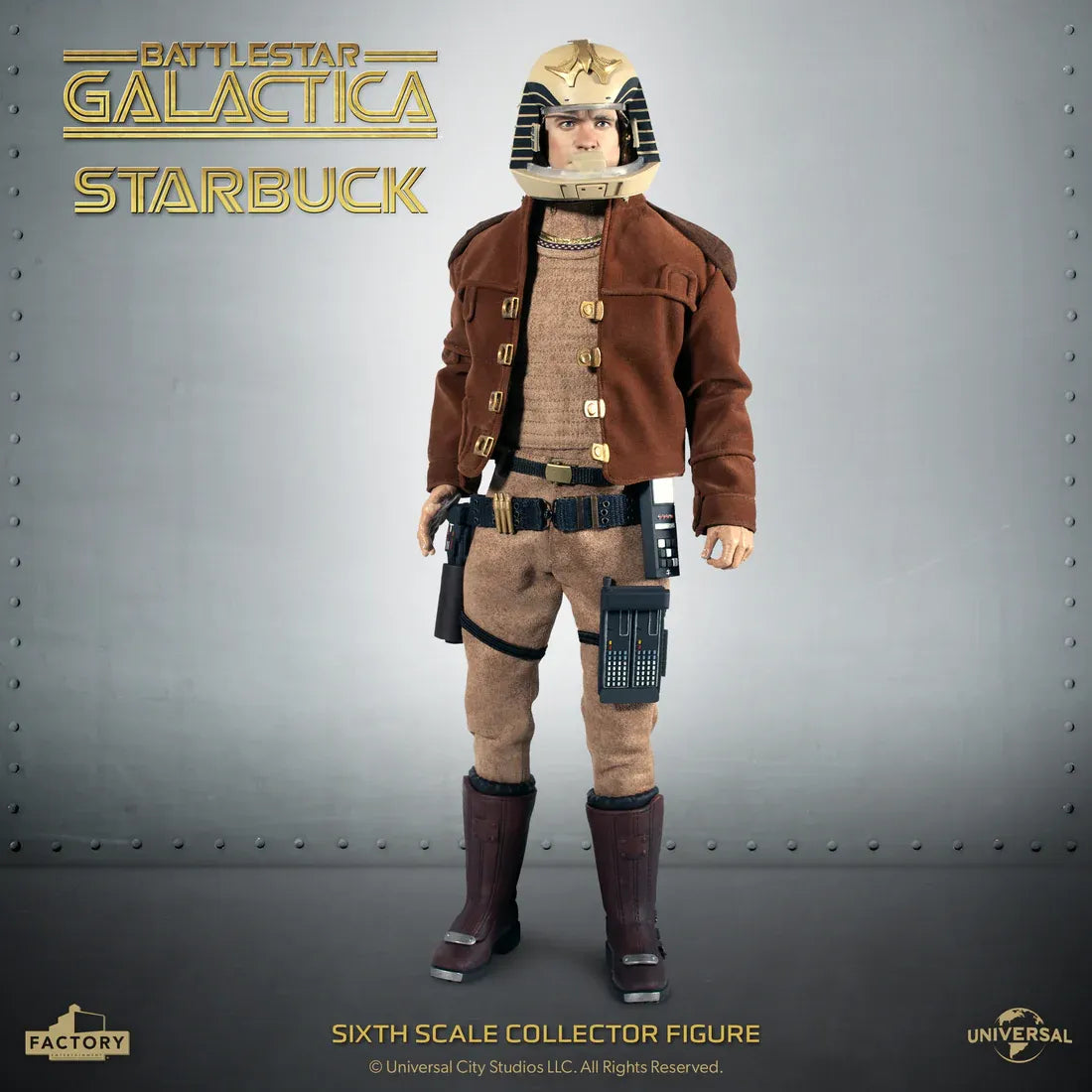Battlestar Galactica Starbuck Lieutenant 1/6 scale action figure by Factory Entertainment in brown jacket, tan pants, helmet.