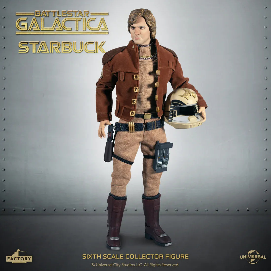 Battlestar Galactica Starbuck 1/6 scale action figure by Factory Entertainment, brown jacket, tan pants, beige helmet.