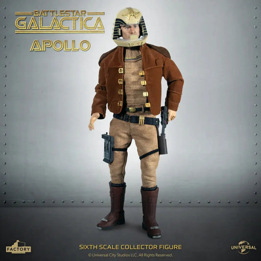 Battlestar Galactica Captain Apollo 1/6 scale action figure Factory Entertainment, brown jacket, beige pants, helmet.