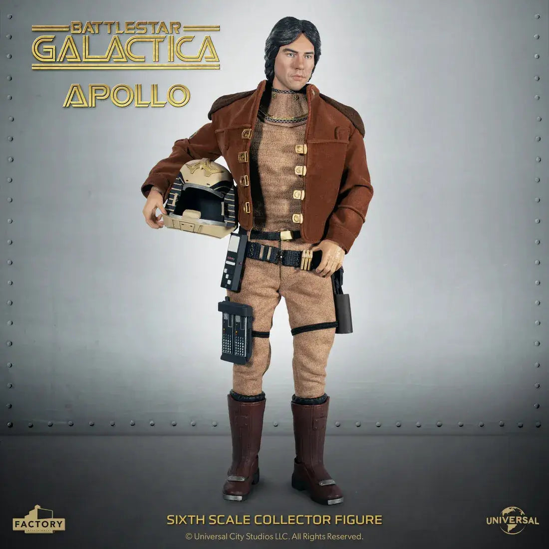 Battlestar Galactica Captain Apollo 1/6-scale action figure by Factory Entertainment, brown jacket, tan outfit, helmet