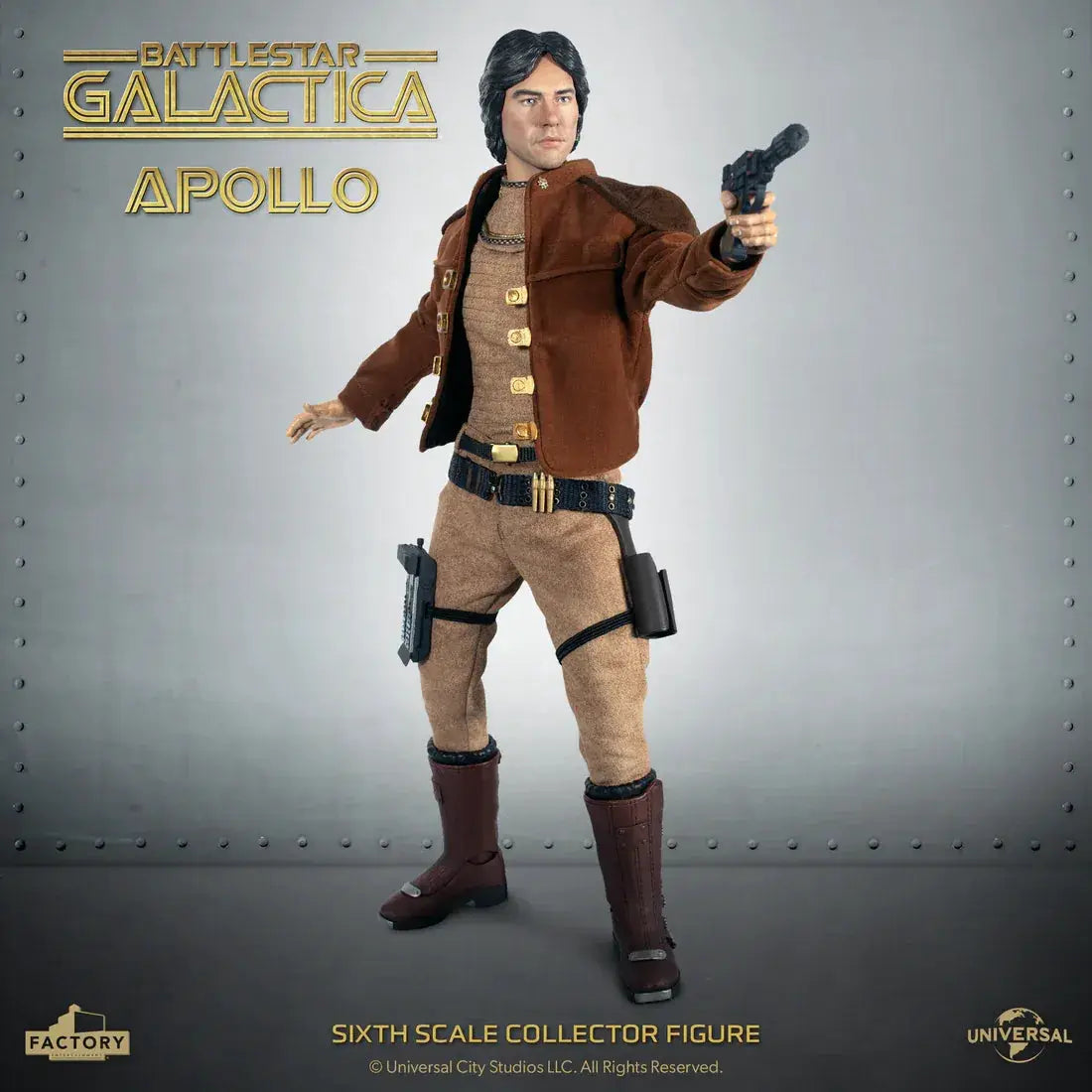 Battlestar Galactica Captain Apollo 1/6-scale action figure by Factory Entertainment, brown jacket and tan pants.