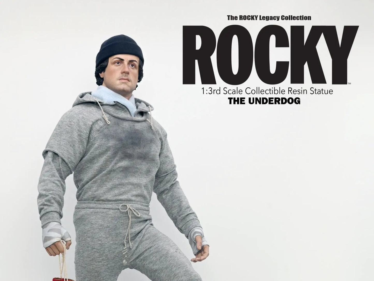 Rocky 1/3 scale resin statue in gray sweatsuit, black beanie, bandaged hands