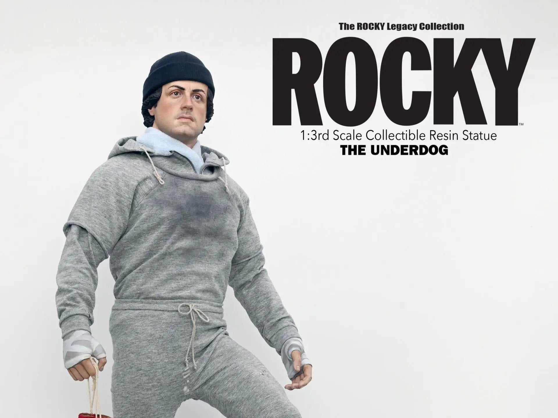 Rocky 1/3 scale resin statue in gray sweatsuit, black beanie, bandaged hands