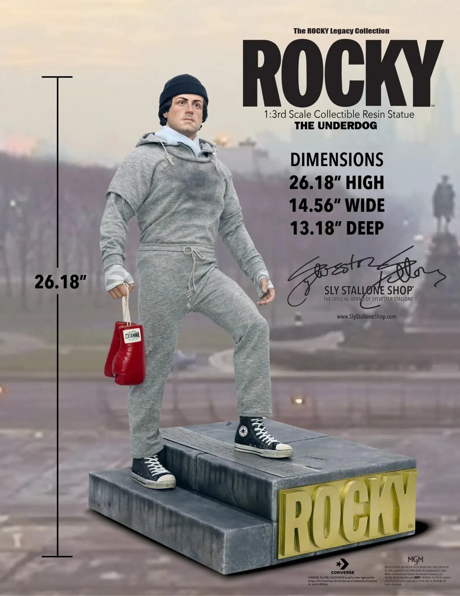 Rocky 1:3 scale resin statue, The Underdog, gray sweats with red boxing glove on ROCKY base; SLY Stallone Shop Collectibles.