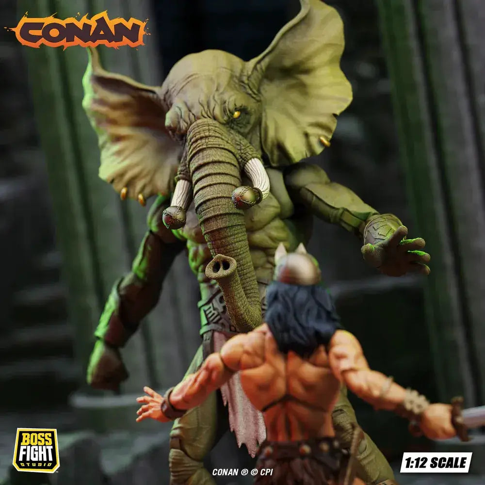 Conan Tower of the Elephant Deluxe 2-pack action figures, Boss Fight Studio; green elephant demon and Conan, 1:12 scale