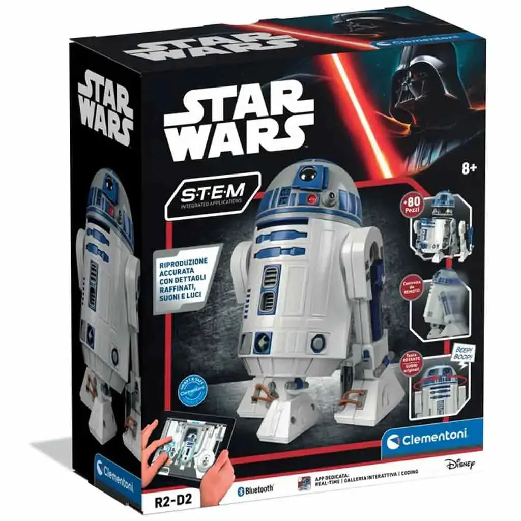 R2-D2 interactive droid replica by Clementoni, Star Wars boxed toy in blue and white.