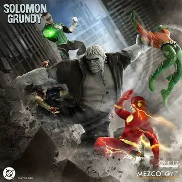 Solomon Grundy action figure from MEZCO TOYS One:12 Collective with 4 other DC figures in battle scene