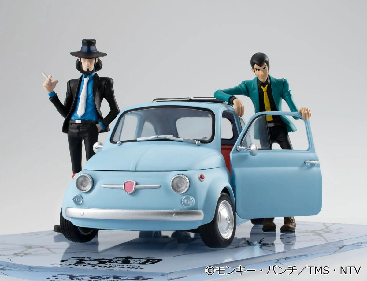Lupin The 3rd Lupin The Gallery 55th Limited Model figure set with two figures beside a light blue vintage car by MEGAHOUSE