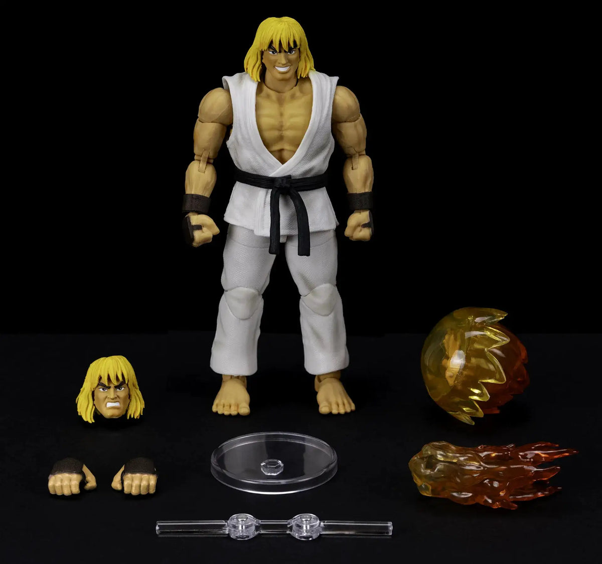 Ken Masters action figure by Jada Toys, 1/12 scale, white gi, blonde hair, with extra heads and hands