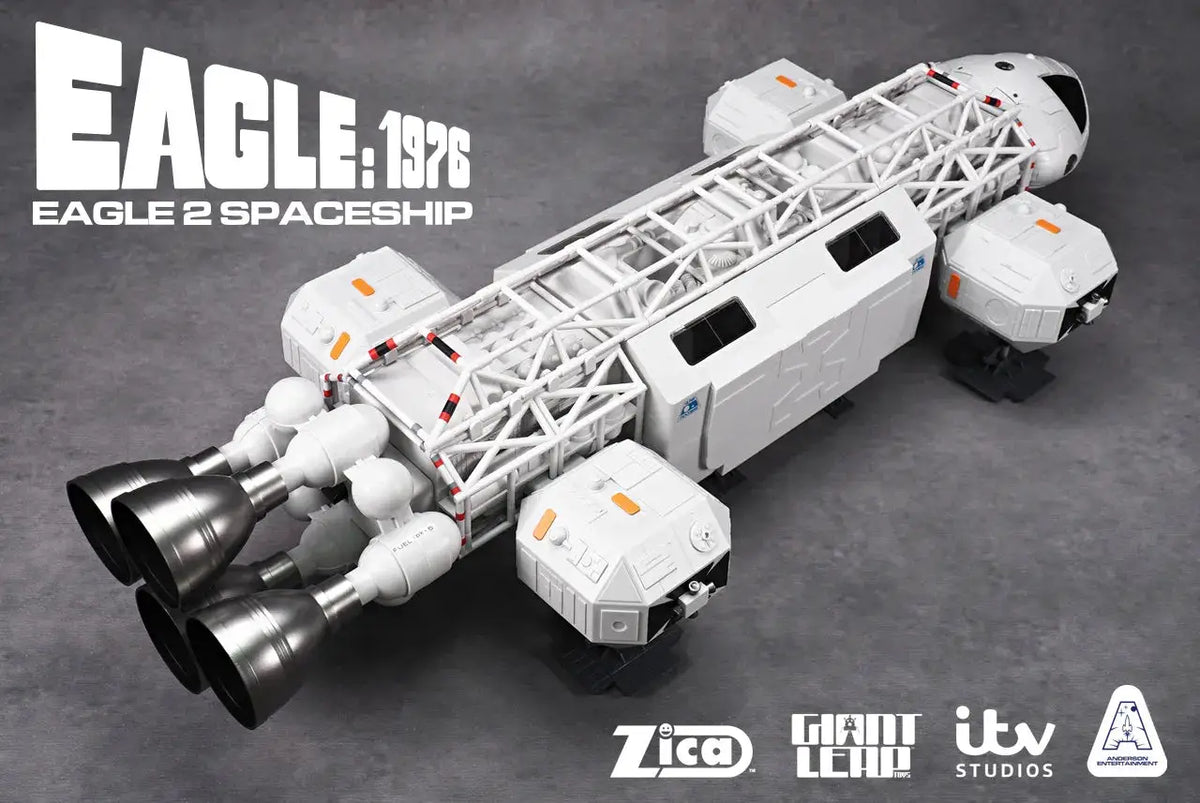 Space 1999 Eagle 1976 Retro Standard Playset by ZICA TOYS; white lattice spacecraft with orange accents and black engine nozzles.
