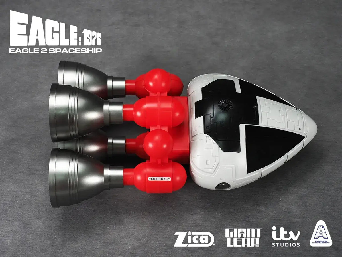 Space 1999 Eagle 1976 Retro Playset by ZICA TOYS; white spacecraft with black panels and red engine pods.