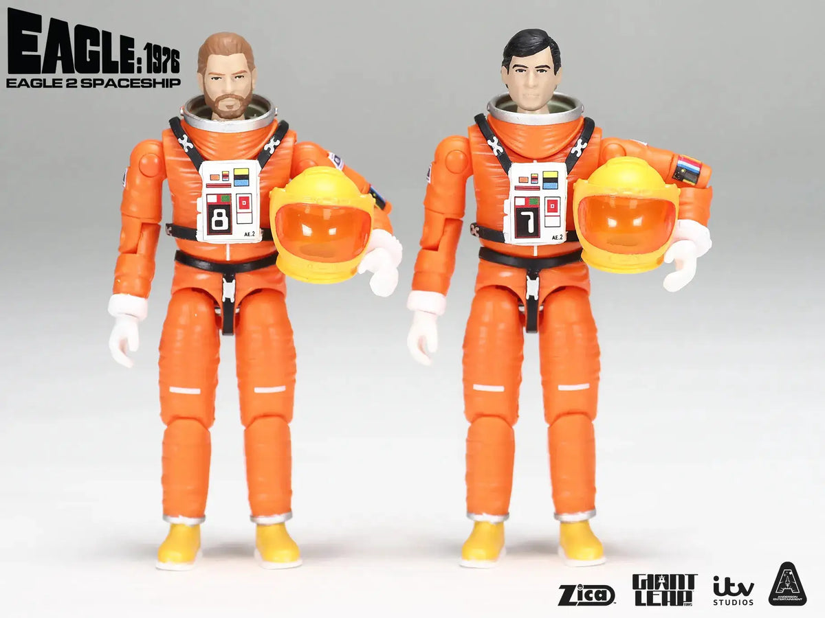 Space 1999 Eagle 1976 retro action figures set by ZICA TOYS; two orange spacesuit figures with yellow helmets