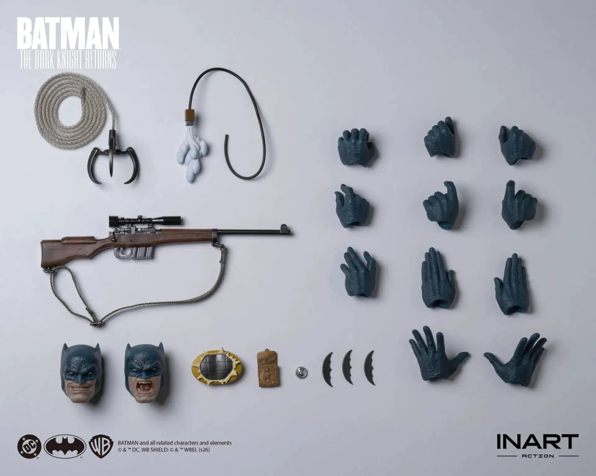 Batman The Dark Knight Returns INART 1/12 action figure with blue suit and multiple hands, heads, and gear