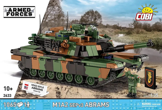 M1A2 SEPv3 Abrams tank model in green and brown camo by COBI, tank with one soldier figure, 1:35 scale.