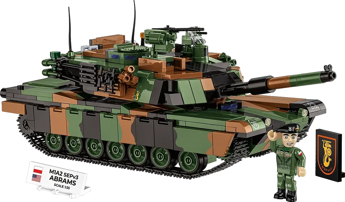 M1A2 SEPv3 Abrams tank by COBI in green camouflage with a minifigure