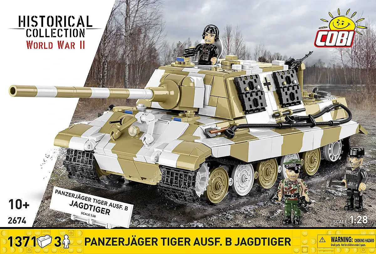 COBI Panzerjäger Tiger Ausf. B Jagdtiger toy tank set in tan and white camouflage with minifigures