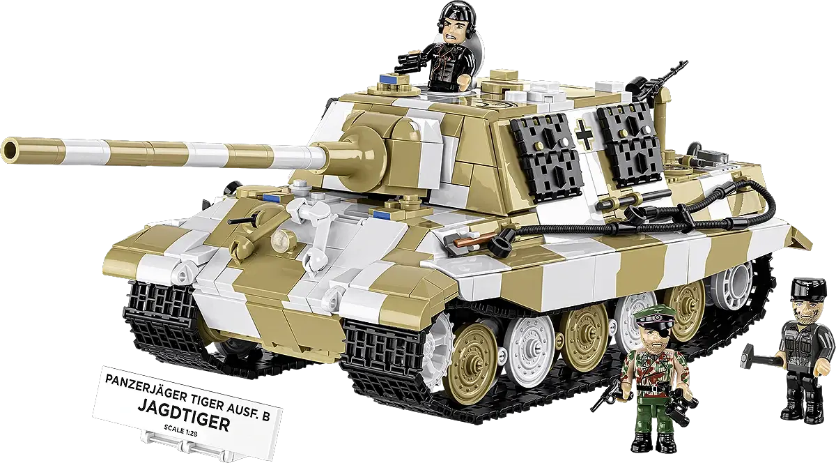 COBI Panzerjäger Tiger Ausf.B Jagdtiger toy tank set; tan/white camouflage, includes 3 minifigures