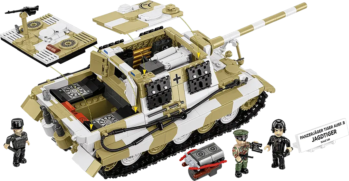 COBI Panzerjäger Tiger Ausf.B Jagdtiger toy tank, tan/white camouflage with 3 minifigures