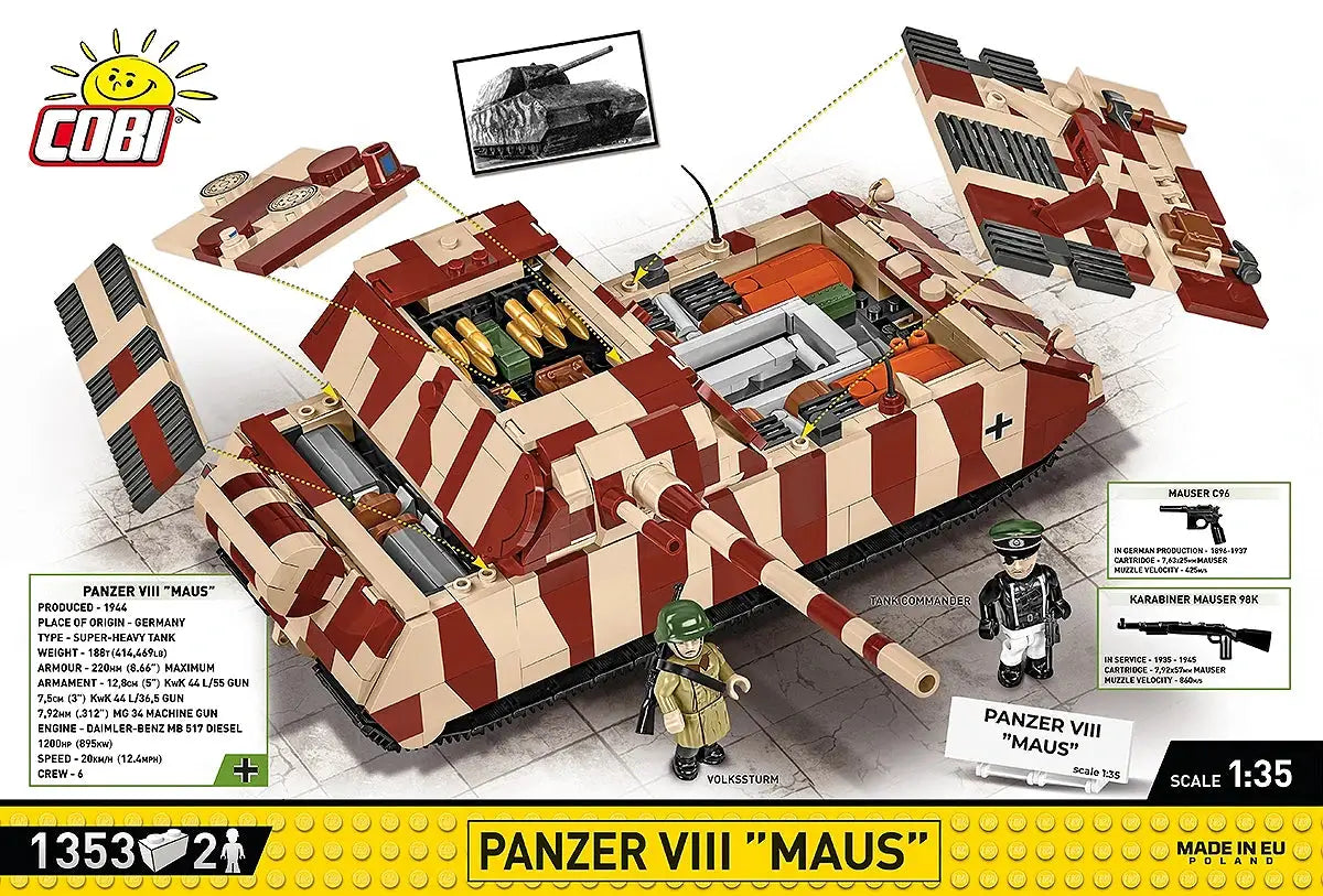 Tanque Panzer VIII Maus 1/35 de COBI en camuflaje beige y marrón con 2 figuras