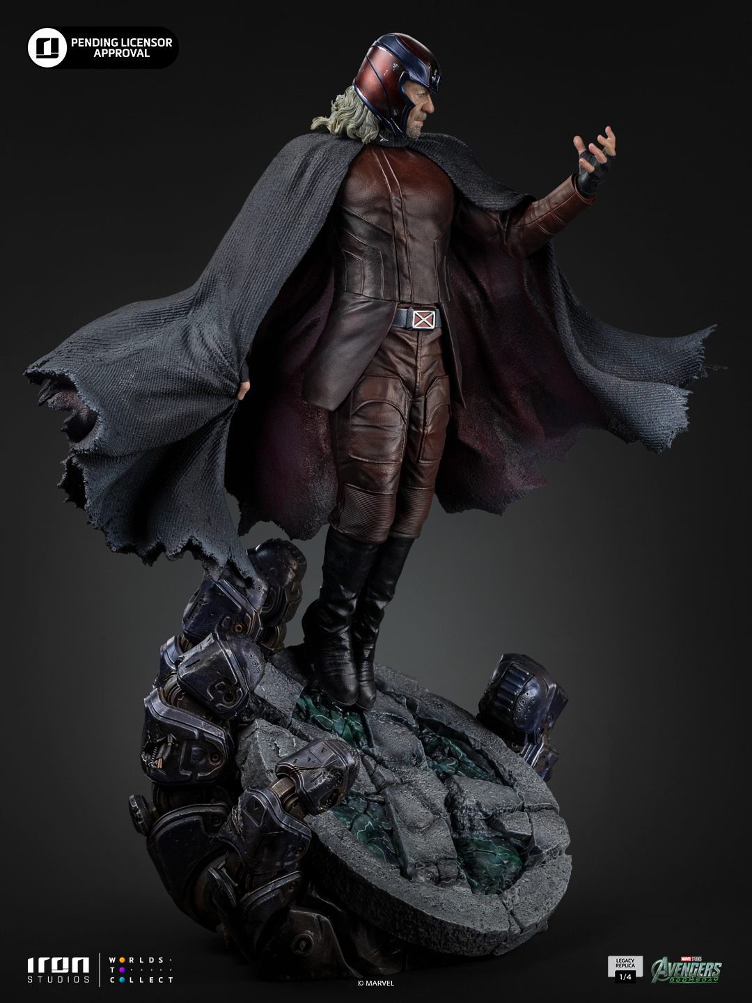 Statue Magneto from Avengers: Doomsday, Legacy Replica 1/4 scale by Iron Studios; brown armor, dark cape, rocky base.