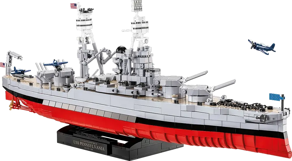 COBI Pennsylvania Class Battleship 1/300 Executive Edition brick model in gray hull with red bottom on display stand