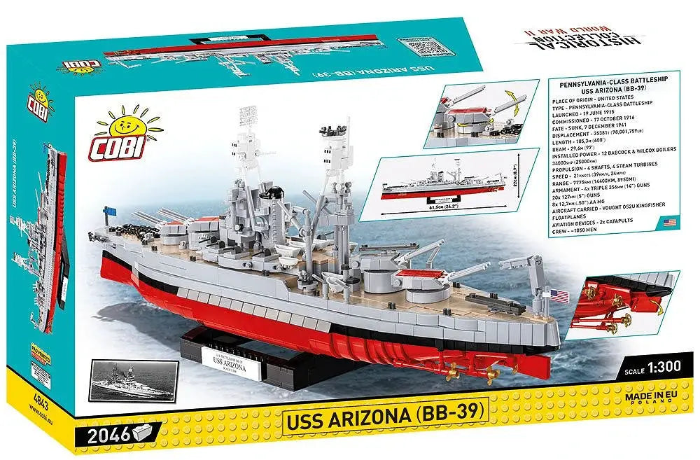 COBI USS Arizona BB-39 1:300 plastic model ship, gray and red, 2046 pieces