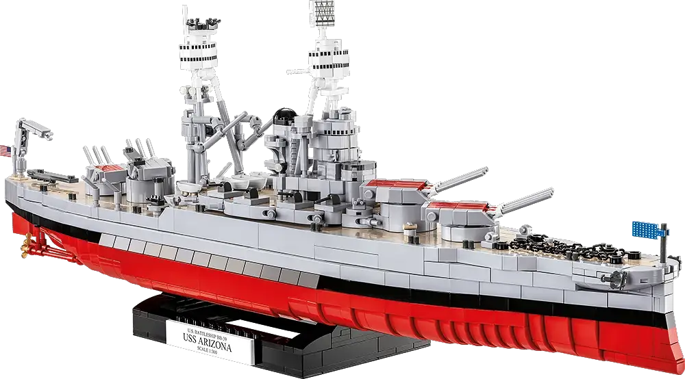 COBI USS Arizona BB-39 battleship model 1/300, 2046 pieces in gray and red, on display stand