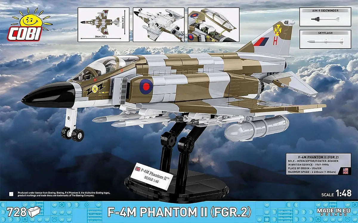 COBI F-4M Phantom II (FGR.2) 1/48 aircraft model kit, 728 pieces, desert camouflage on display stand