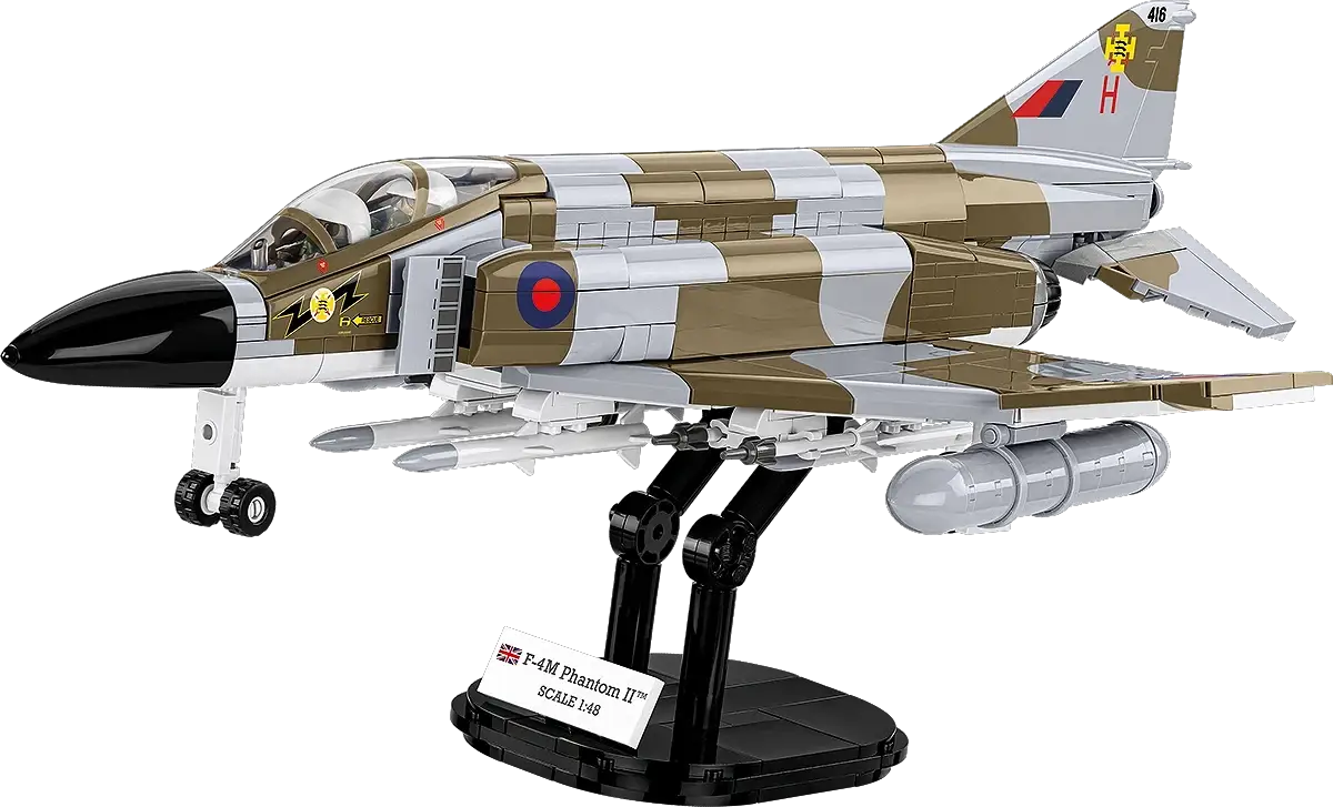 COBI F-4M Phantom II 1/48 aircraft model in desert camouflage with RAF roundel on display stand