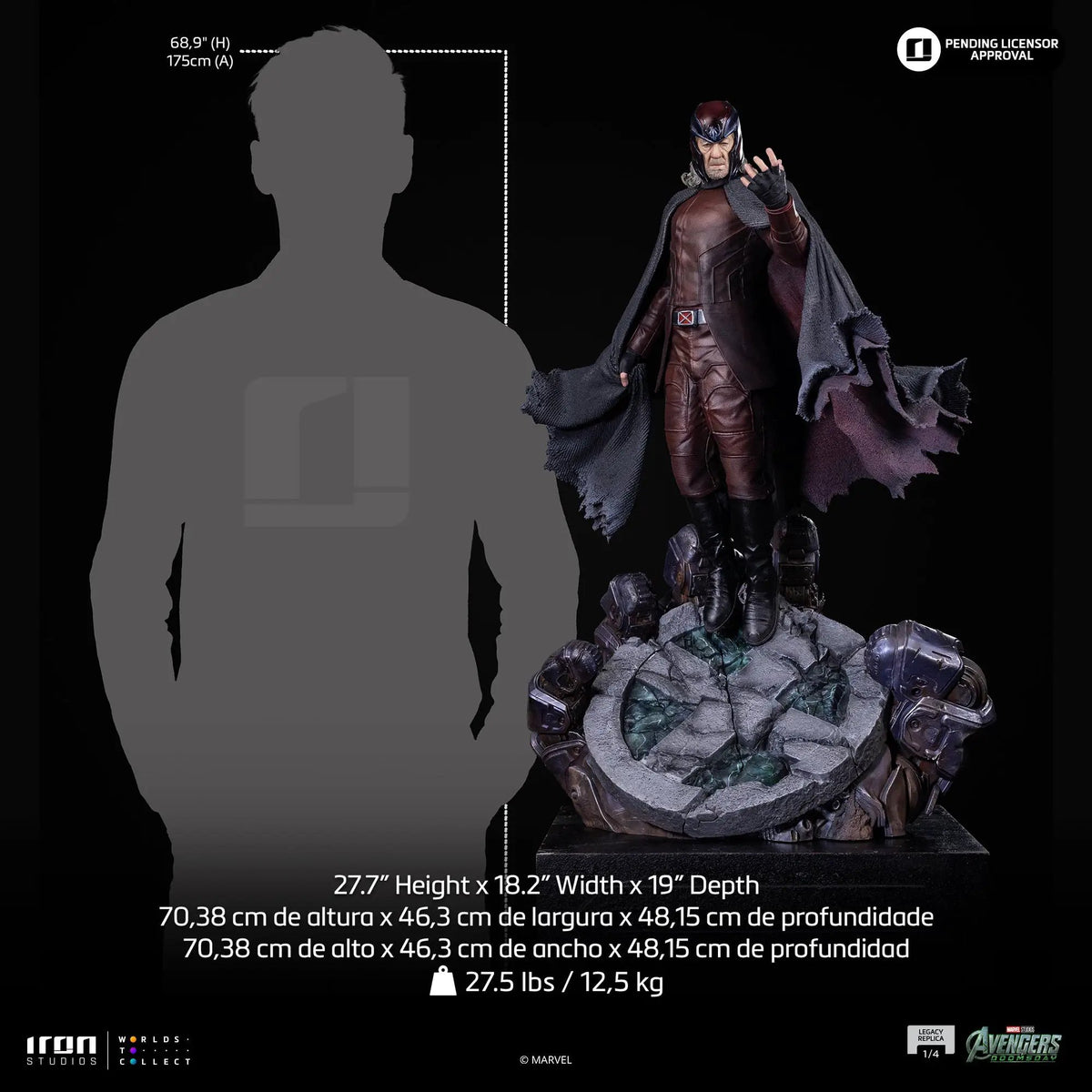 Statue Magneto from Avengers: Doomsday, Legacy Replica 1/4 by Iron Studios; burgundy suit with cape.