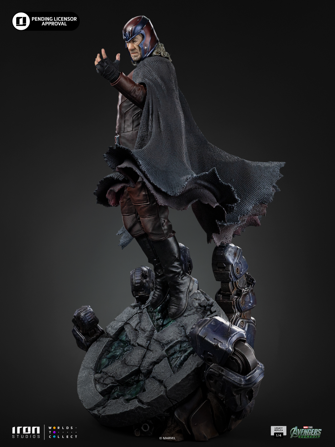 Statue Magneto 1/4 scale by Iron Studios; flowing dark cape over armored suit on rocky base