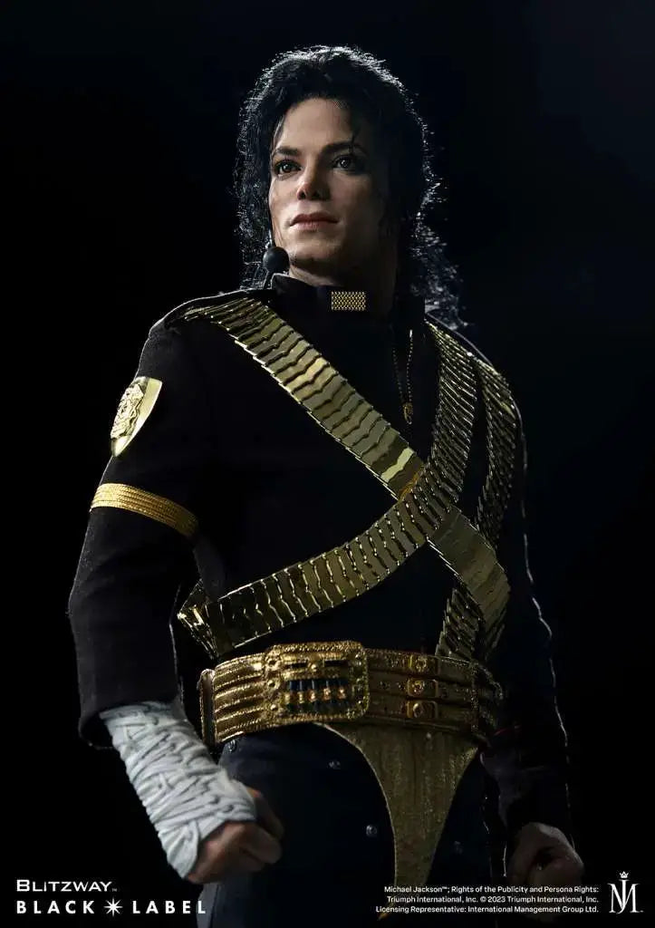 Michael Jackson Black Label 1/4 Scale Statue by Blitzway, black military jacket with gold cross-strap sash and belt.