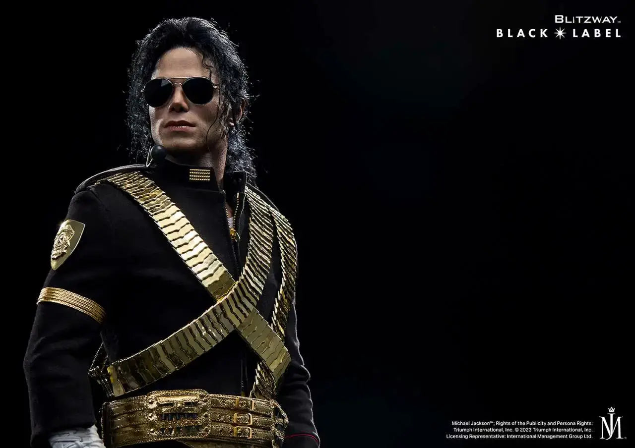 Michael Jackson Black Label 1/4 Scale Statue by Blitzway in a black military jacket with gold sash and belt, sunglasses.