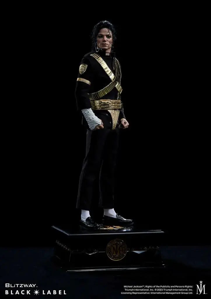 Michael Jackson Black Label 1/4 Scale Statue by Blitzway; black military jacket with gold sash and belt on a base