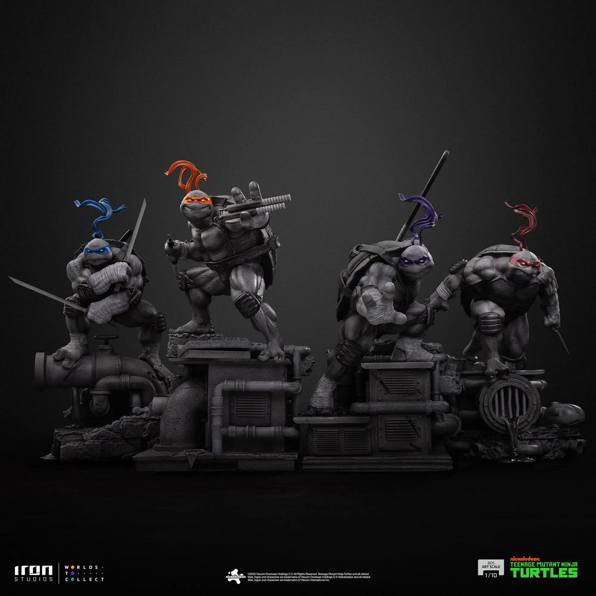 Donatello Black and White Variant statue from TMNT by Iron Studios, BDS Art Scale 1/10; four turtles on base