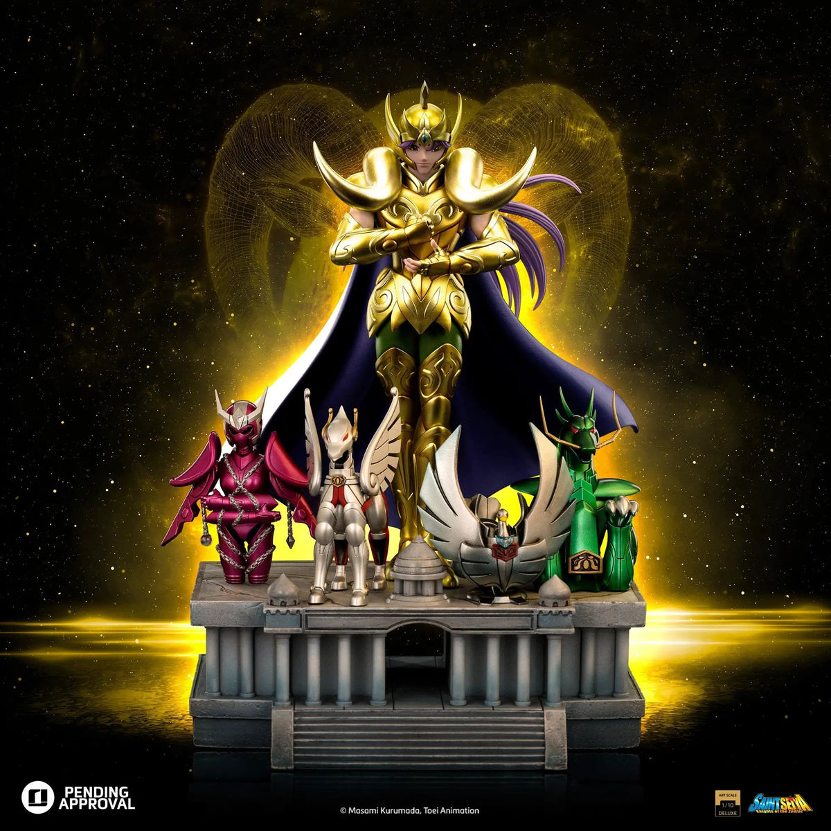 Statue Aries Mu Saint Seiya in gold armor with purple cape, deluxe 1/10 scale by Iron Studios