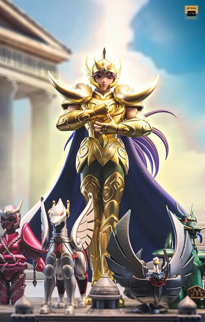Statue Aries Mu from Saint Seiya by Iron Studios, 1/10 Deluxe Art Scale, gold armored figure with blue cape, knights.
