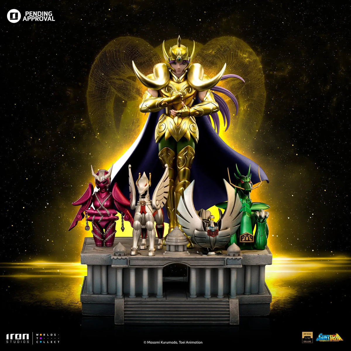 Statue Aries Mu from Saint Seiya, Deluxe Art Scale 1/10, gold armor with purple cape, Iron Studios, featuring five smaller zodiac knights on the base.