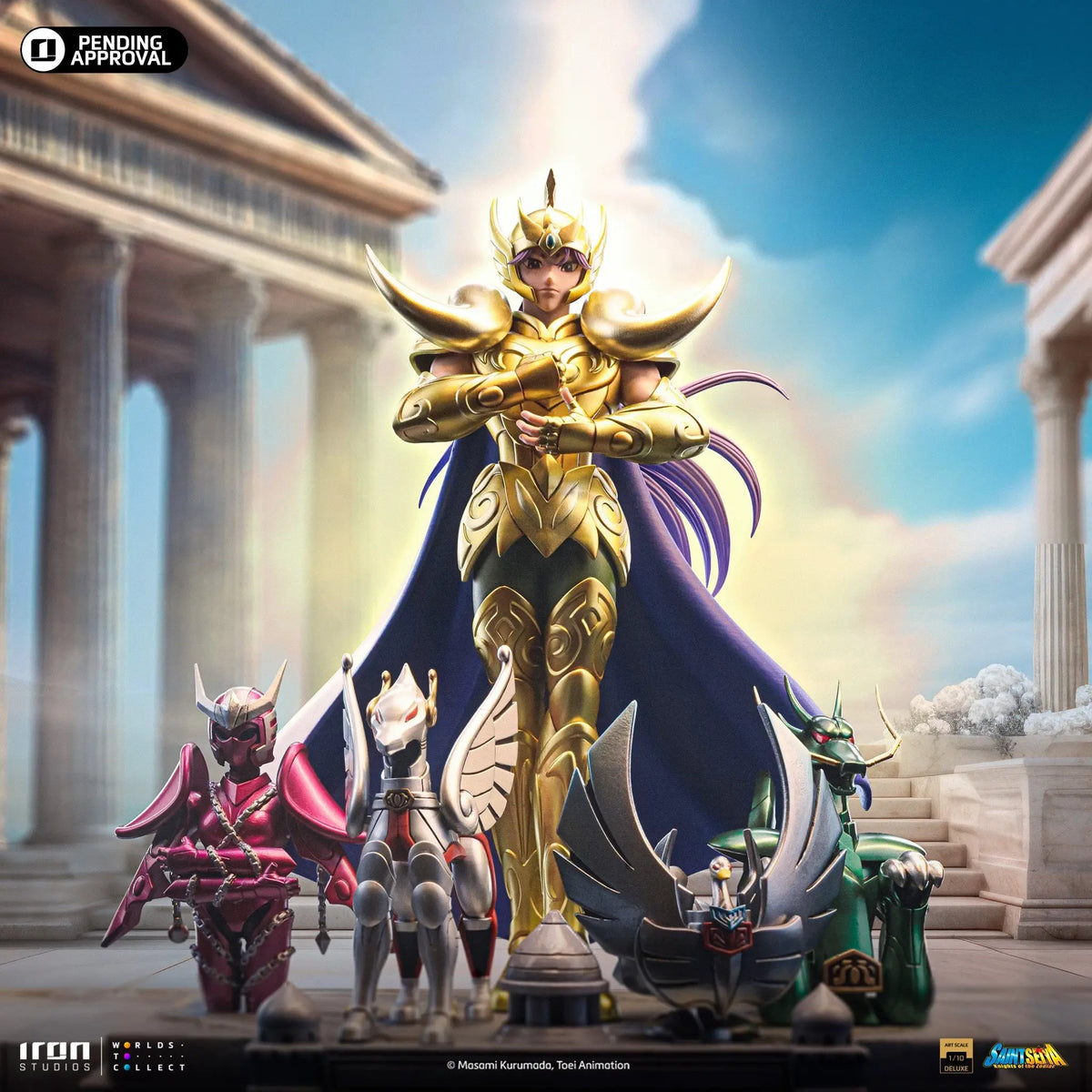 Statue Aries Mu from Saint Seiya by Iron Studios; Deluxe Art Scale 1/10, gold armor, set of five figures.
