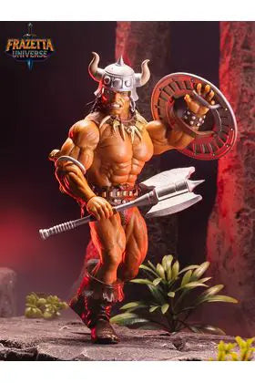 Figura de acción Conan el Bárbaro, 14 cm, FRAZETTA Icon Collectibles, musculoso con casco de cuernos, hacha y escudo