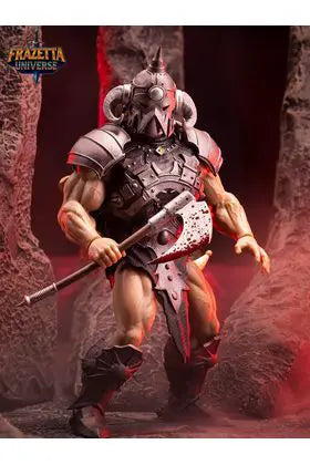 Conan the Barbarian Death Dealer action figure, 14 cm, FRAZETTA Icon Collectibles, armored with red accents.