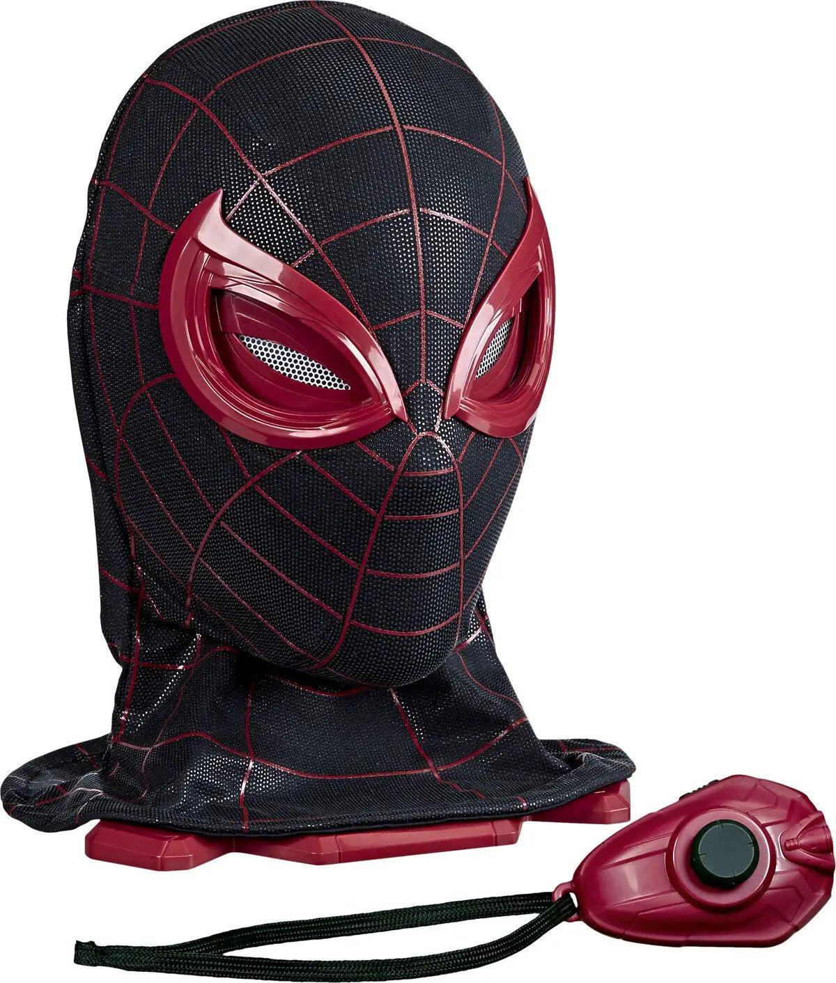 Máscara electrónica Spider-Man 2 Miles Morales 1:1 de Hasbro; diseño negro con araña roja y lentes rojos