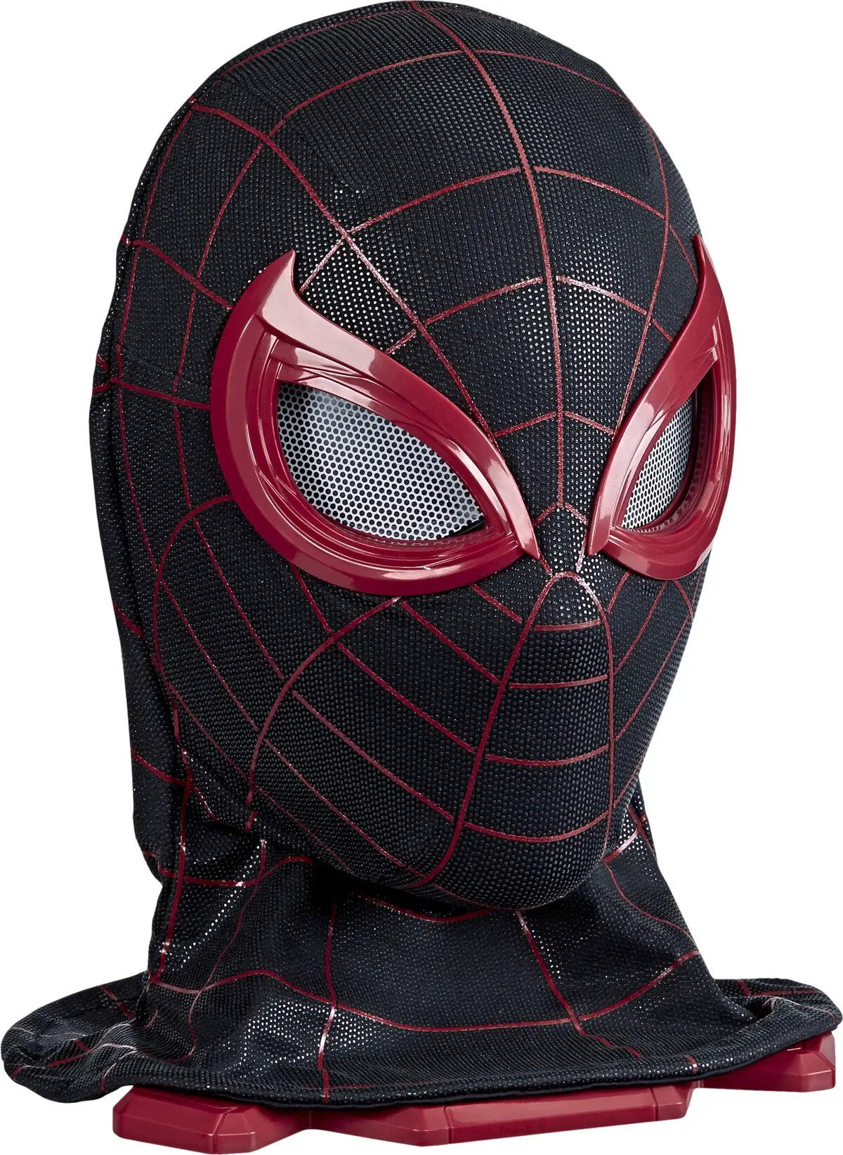 Máscara electrónica Spider-Man Miles Morales 1:1; negra con líneas rojas y lentes rojos metálicos
