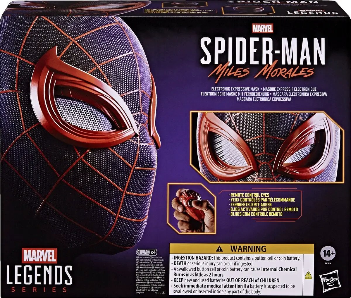 Máscara electrónica Spider-Man Miles Morales de Hasbro, 1:1, en tonos morados con detalles rojos (Marvel Legends)