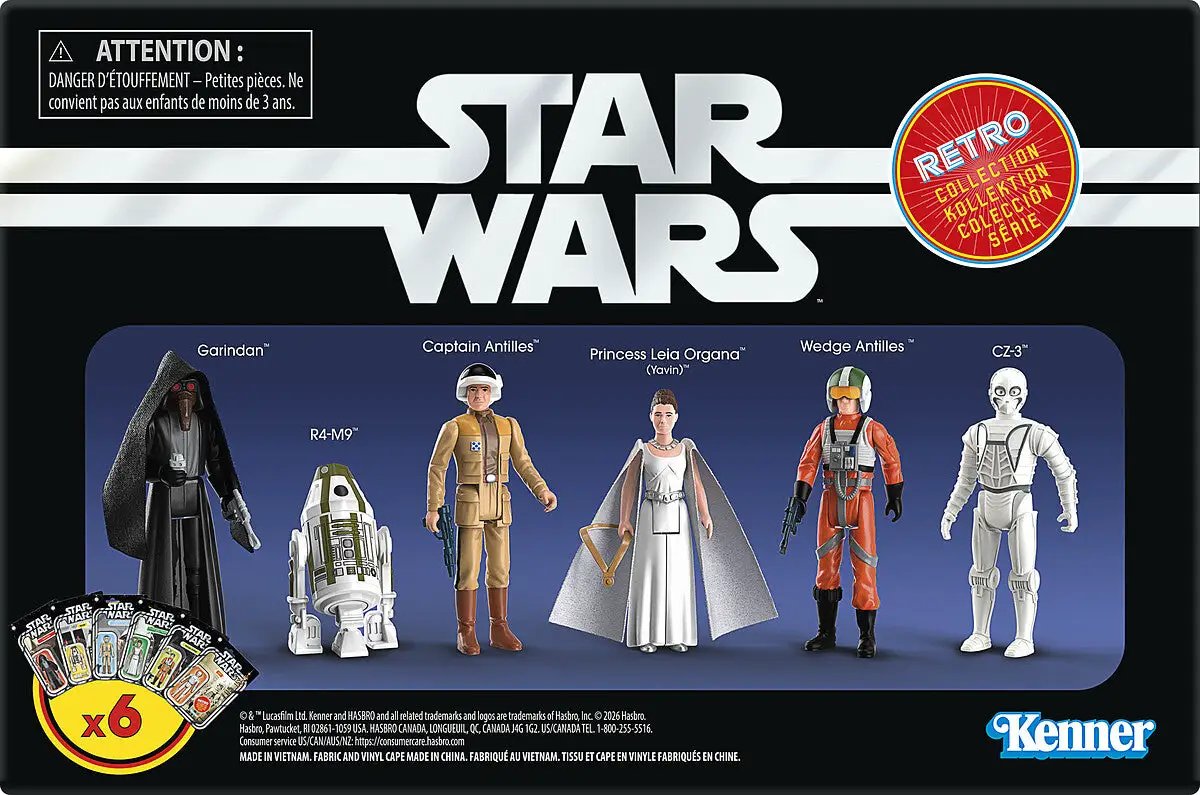 Star Wars A New Hope Retro Collection 6-figure set, 10 cm, Hasbro Kenner; Garindan, R4-M9, Captain Antilles, Leia Organa, Wedge Antilles, CZ-3