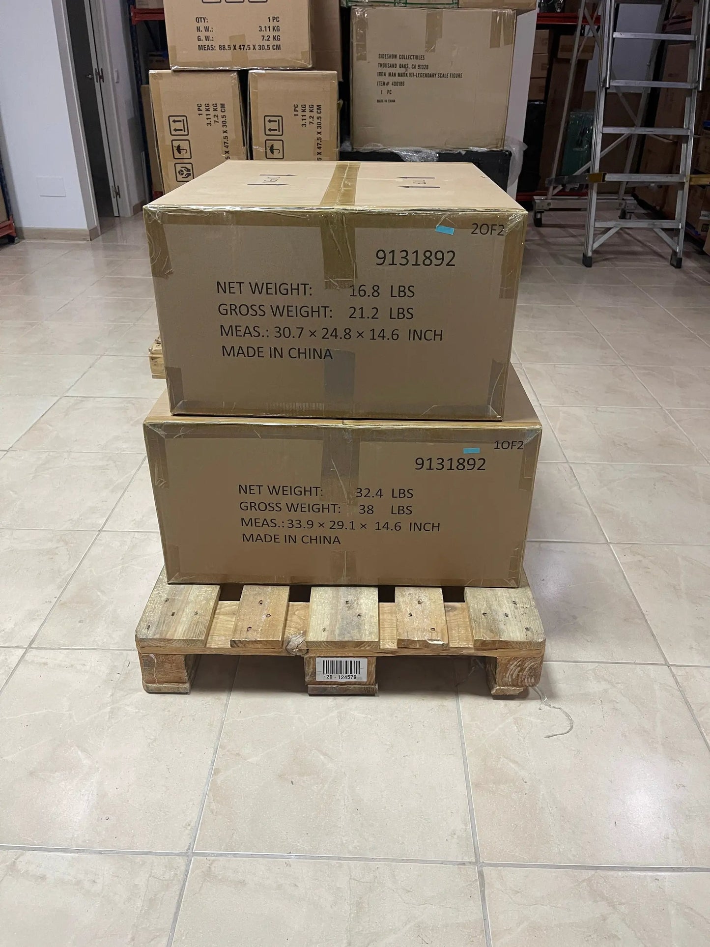 Conan Warpaint Edition 1:2 Scale Elite Series statue packaging in brown cardboard boxes on a pallet