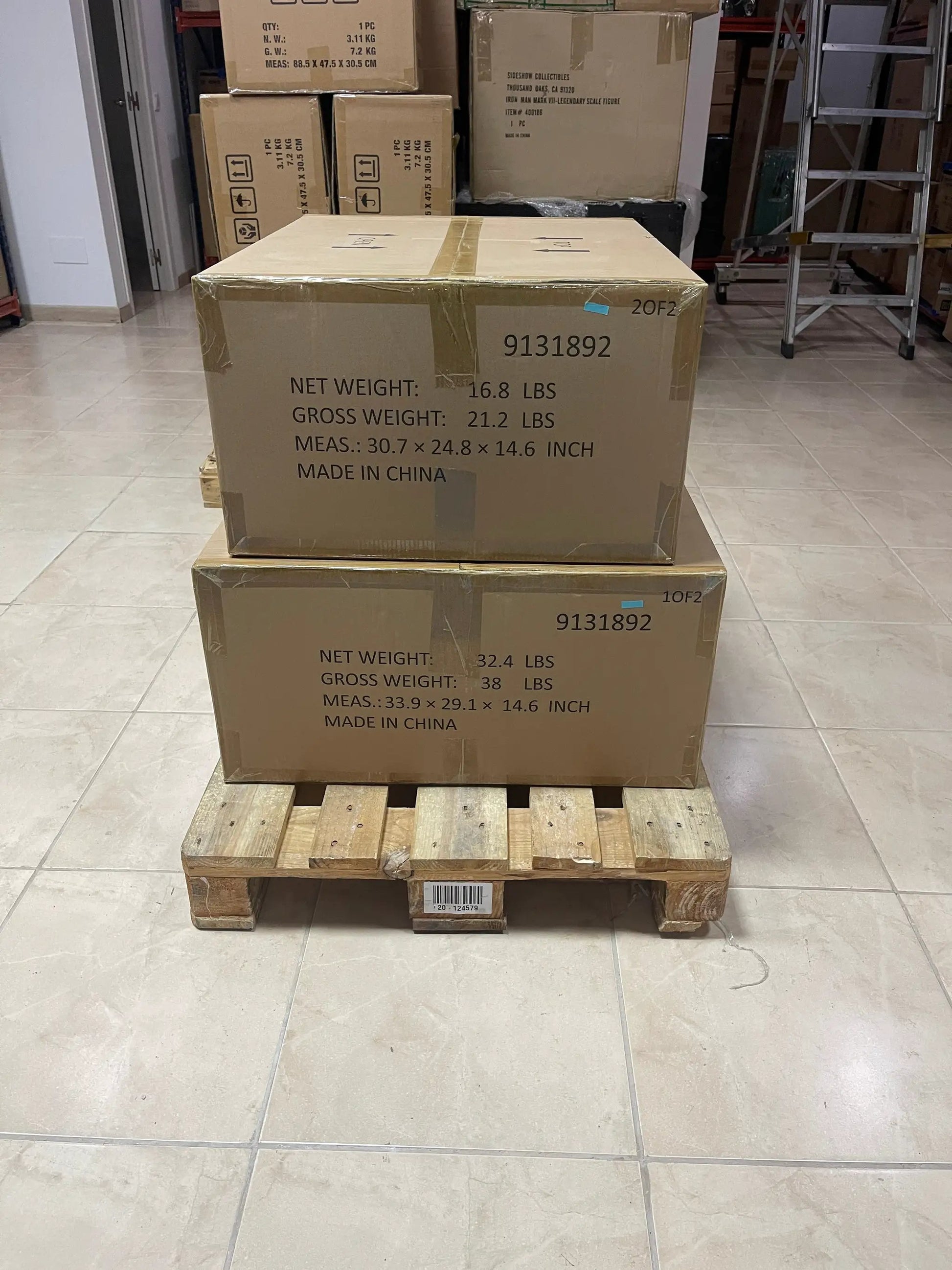 Conan Warpaint Edition 1:2 Scale Elite Series statue packaging in brown cardboard boxes on a pallet