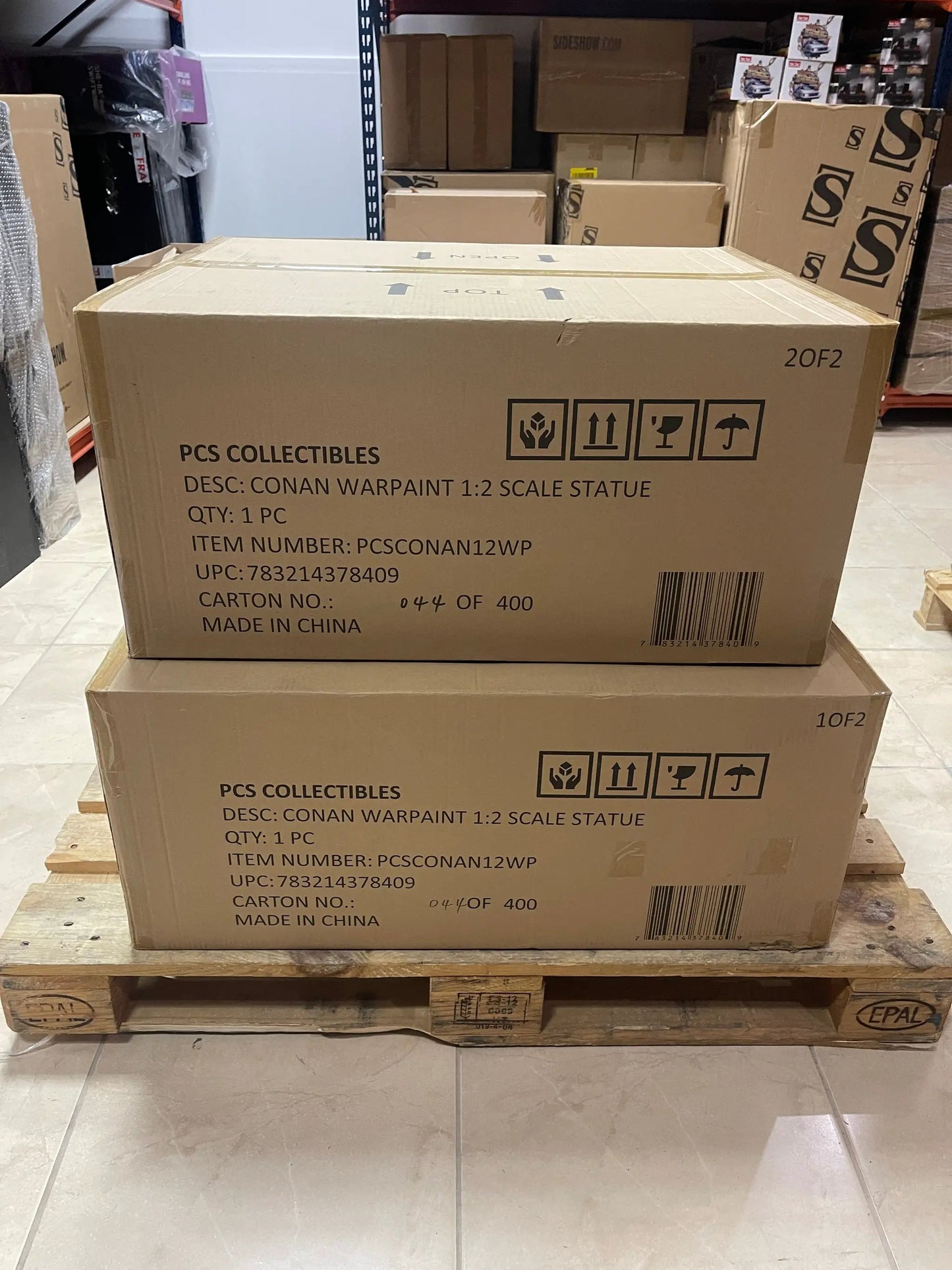 Conan Warpaint 1:2 Scale Statue box by PCS Collectibles on a pallet in a warehouse
